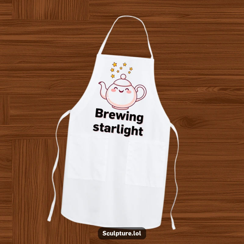 Funny apron depicting a cheerful teapot pouring a stream of stars, perfect for adding cosmic flair to kitchen tasks.