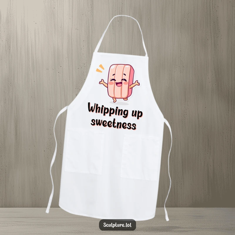 Funny candy bar apron with a giggling candy bar character doing a fun shimmy, perfect for kitchen duties.