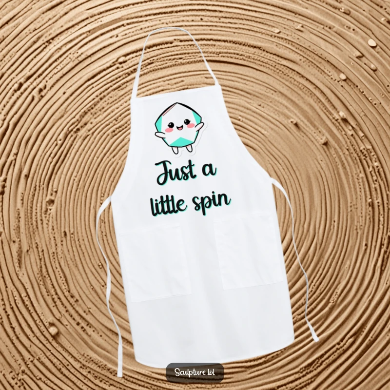 Funny geometric shape apron with a cheerful character doing a silly rotation, perfect for adding playful energy to cooking.