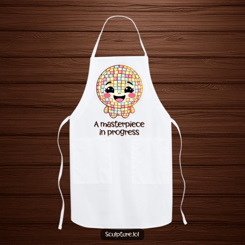 Funny apron with a grinning mosaic character made of shimmering, happy tiles, ideal for artistic chefs.