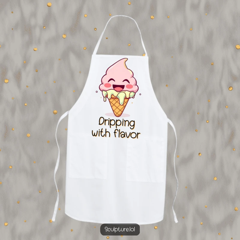 Funny apron with a gleefully melting ice cream cone character, bringing sweet, humorous style to the kitchen.