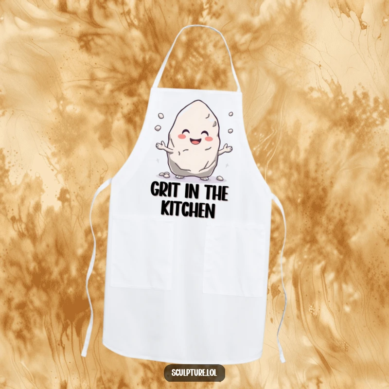 Funny apron with a smiling rock character juggling pebbles, bringing cheerful vibes to the kitchen.