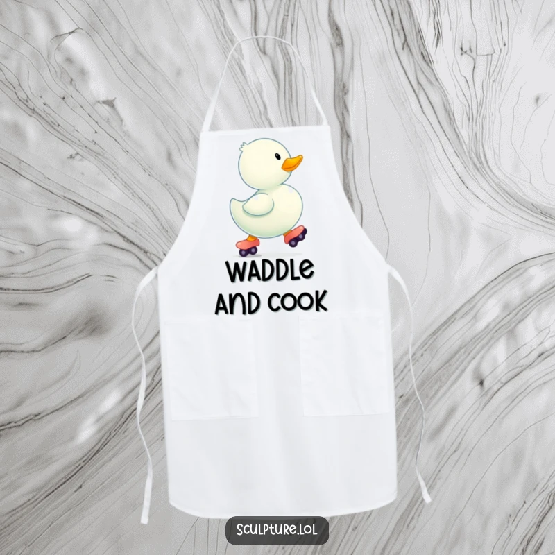 Funny bouncing rubber ducky wearing tiny roller skates on a kitchen apron.