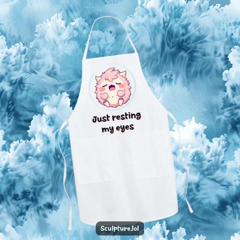 Funny sleepy fluffy monster yawning in a bubble, adorning a playful apron. A humorous cooking accessory.