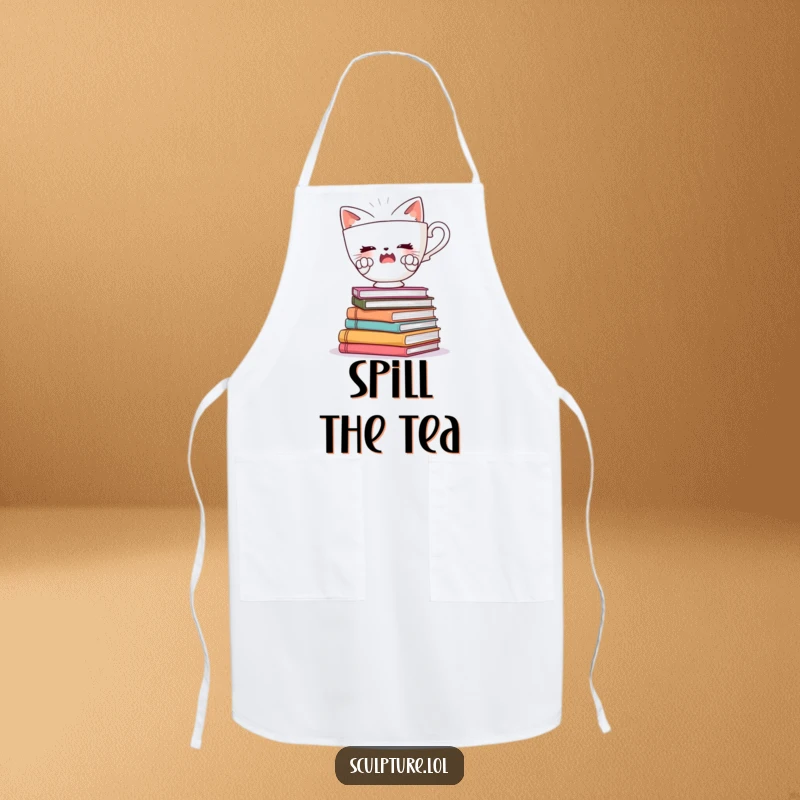 Funny apron featuring a startled teacup character with tiny paws, balancing on books, designed for a fun and charming cooking experience.