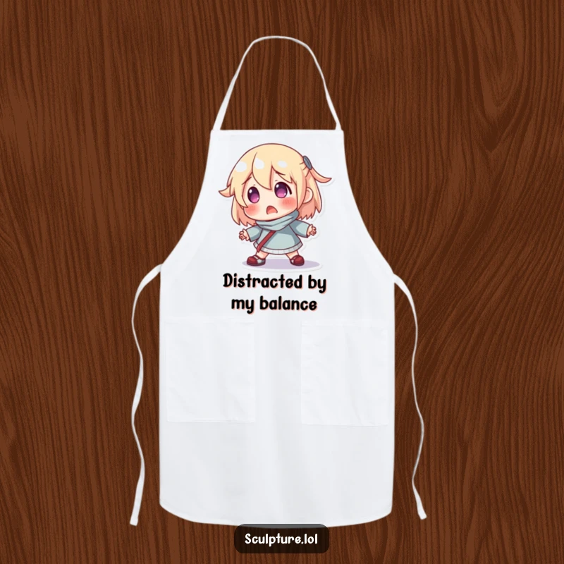 Funny apron showing a surprised resin character hilariously losing its balance while cooking, bringing comic relief.