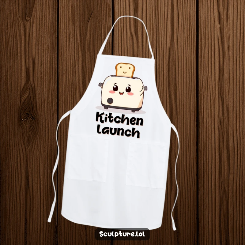 Funny toaster enthusiastically launching toast on a kitchen apron, perfect for chefs.