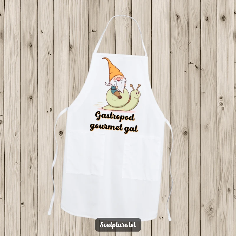 Funny gnome riding a snail while cooking, showcased on a kitchen apron, great for chefs.