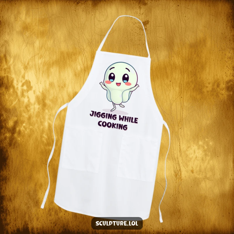 Funny apron designed with a wobbling jelly character doing a jig, perfect for cooks who enjoy a humorous and lively kitchen environment.