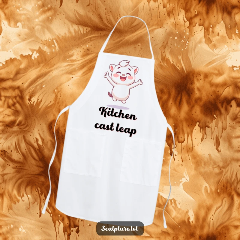 Funny plaster cast apron showing a giggling character jumping sideways, perfect for a humorous cooking experience.