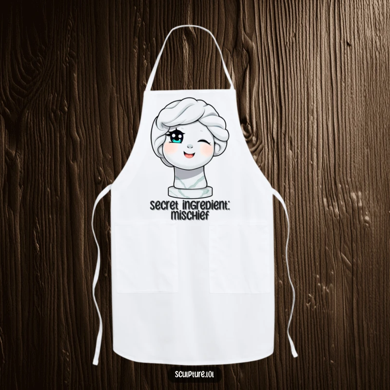 Funny delighted marble statue winking an eye apron, perfect for kitchen use with a playful artistic and humorous touch.
