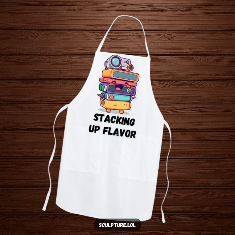 Funny apron with a giggling found object character stacked comically, ideal for kitchen fun and protection.
