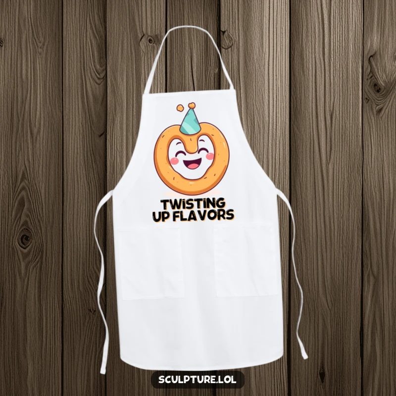 Funny apron showcasing a grinning pretzel character wearing a tiny party hat, ready to add humor to any cooking or baking session.