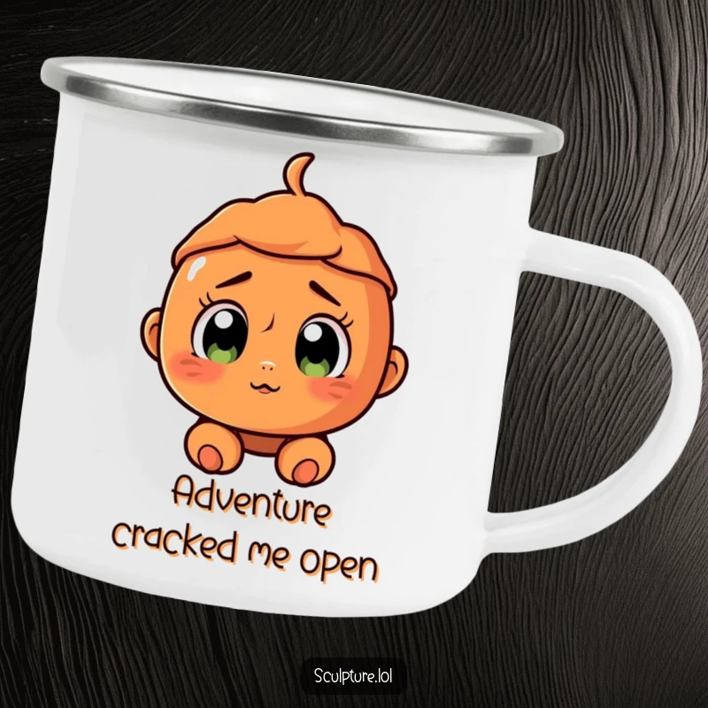 Funny surprised terracotta character camping mug with a cracked smile and wide eyes, built for rugged and humorous adventures.