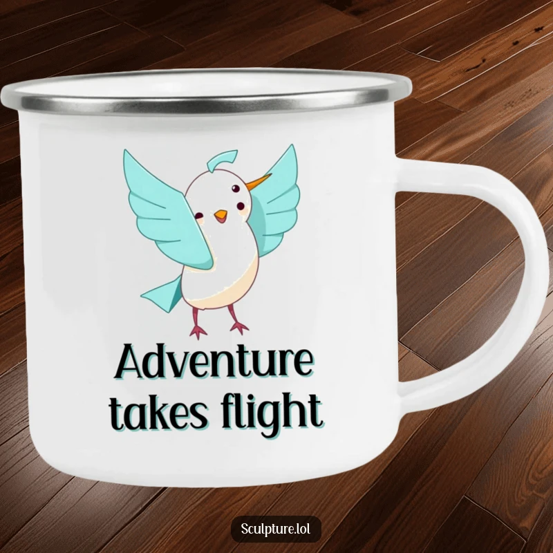 Funny playful origami bird unfolding with joy camping mug, perfect for outdoor adventures with a blend of art and happiness.