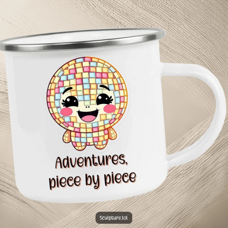 Funny camping mug with a grinning mosaic character made of shimmering, happy tiles, perfect for artistic campers.