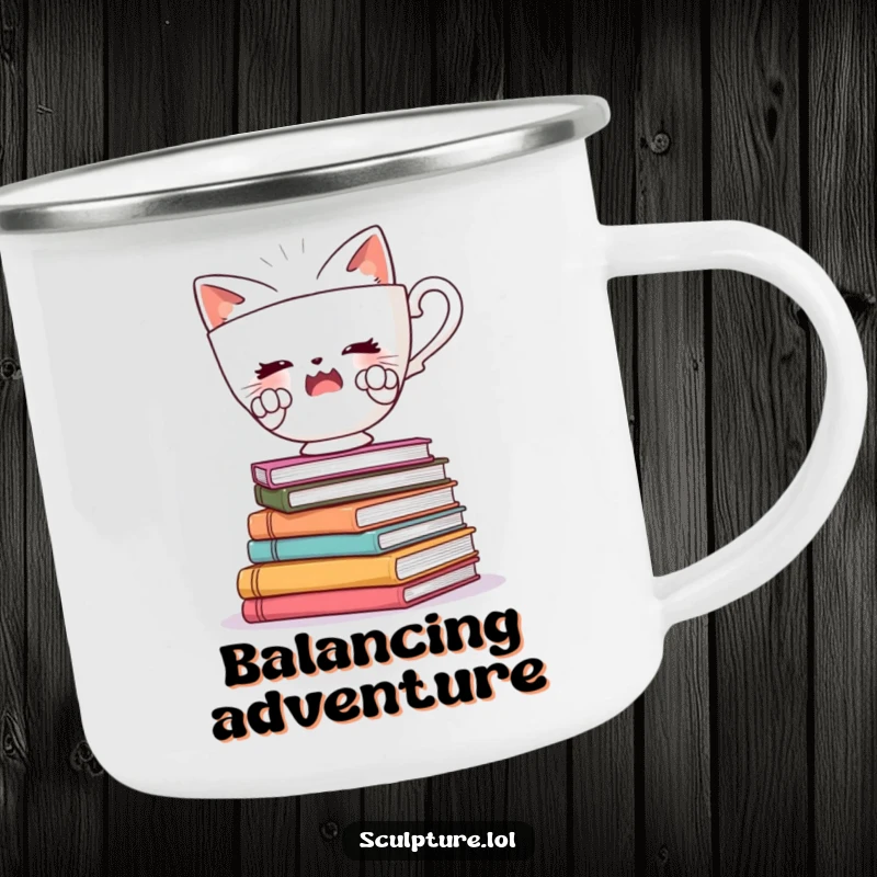 Funny enamel camping mug showing a startled teacup character with tiny paws, balancing on books, perfect for outdoor enjoyment.