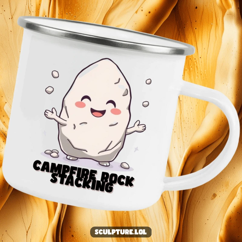 Funny camping mug with a smiling rock juggling pebbles, ideal for outdoor adventures and cheerful moments.