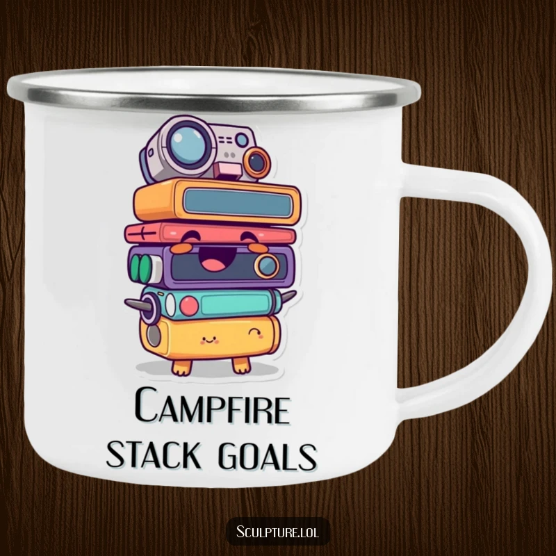 Funny camping mug with a giggling found object character stacked comically, ready for outdoor adventures and laughs.