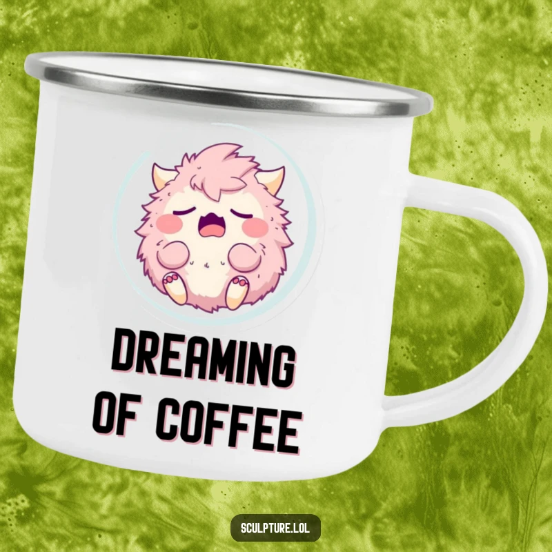 Funny sleepy fluffy monster yawning in a bubble, perfect for outdoor adventures. A durable and humorous camping mug.