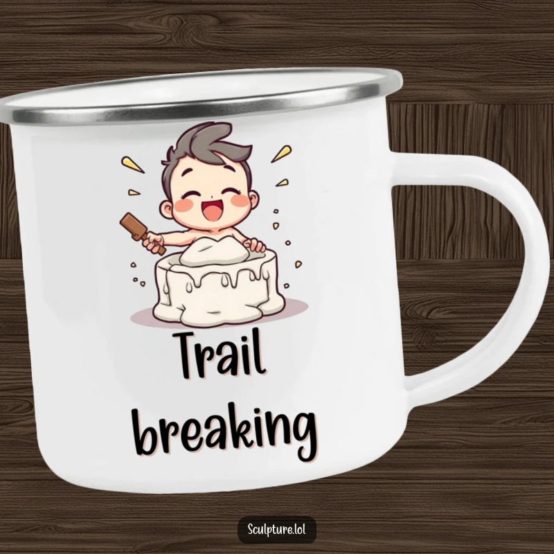 Funny camping mug featuring a joyful character smashing a plaster mold, perfect for enjoying drinks outdoors with a message of energetic freedom.