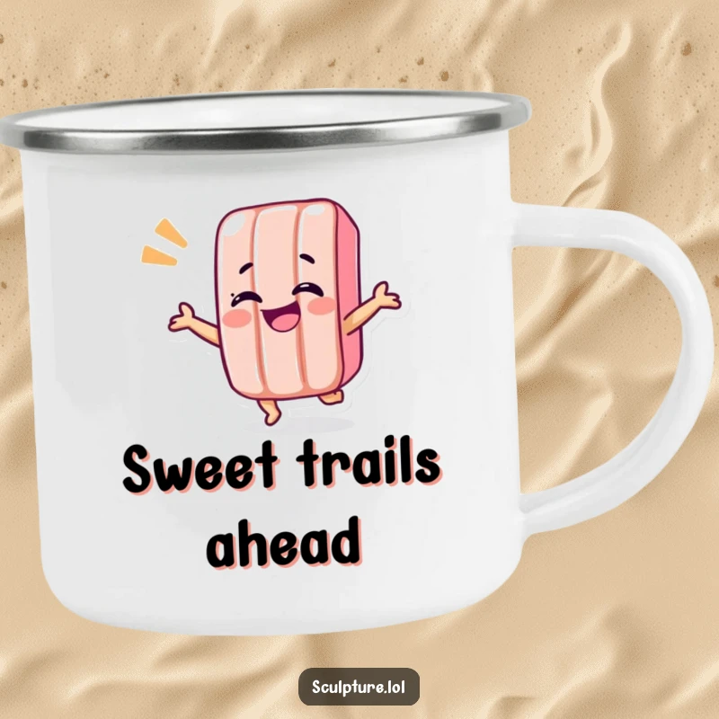 Funny candy bar camping mug featuring a giggling candy bar character doing a lively shimmy, ready for adventure.