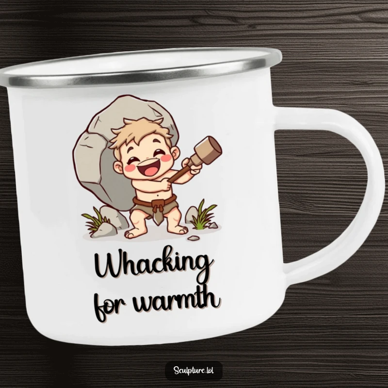 Funny caveman camping mug, cheerful character whacking boulder with club, primitive outdoor gear, humorous drinkware, ideal funny gift.