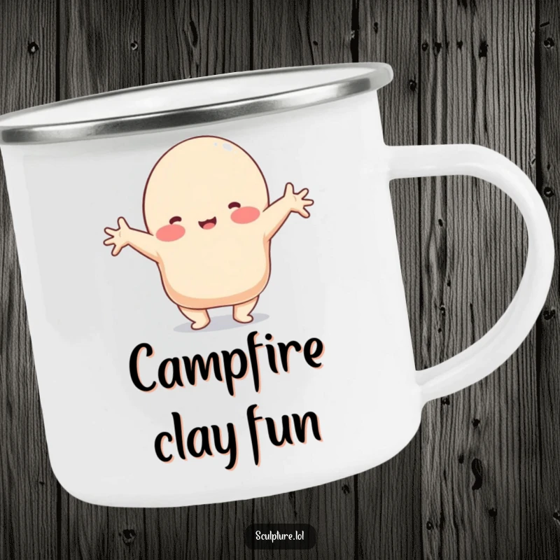 Funny camping mug with a playful clay blob character in a comical stretched shape, ideal for outdoor adventures.