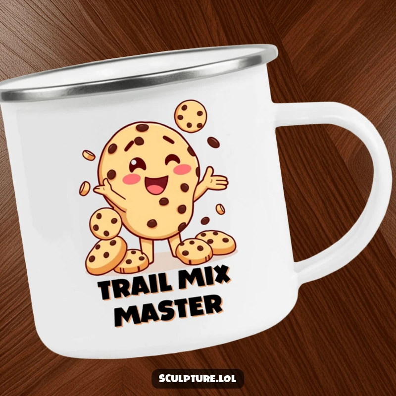 Funny camping mug featuring a delighted chocolate chip cookie character juggling smaller cookies, perfect for outdoor adventures and sweet sipping.