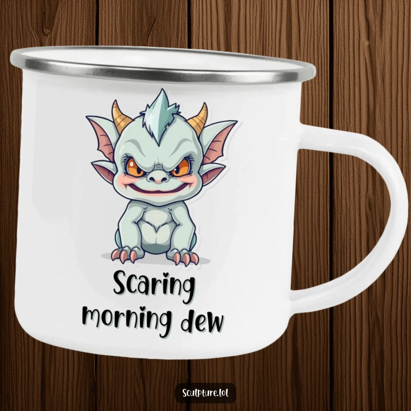 Funny camping mug showing a mischievous gargoyle making a funny face, ideal for outdoor excursions and lovers of gothic humor.