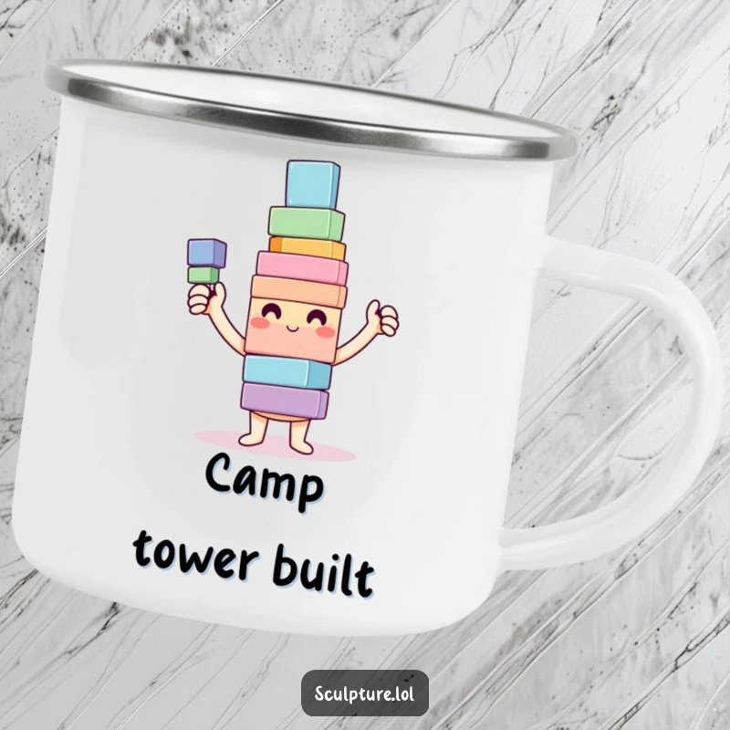 Funny Camping Mug with a happy character proudly showing a colorful, wobbly tower of blocks, perfect for outdoor adventures.