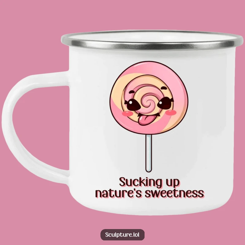 Funny Lollipop Camping Mug - Tongue Out Character Enamel Cup for Adventures