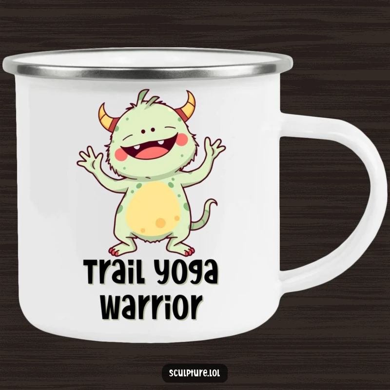 Funny camping mug with a whimsical monster in a comical yoga pose, ideal for outdoor adventures.