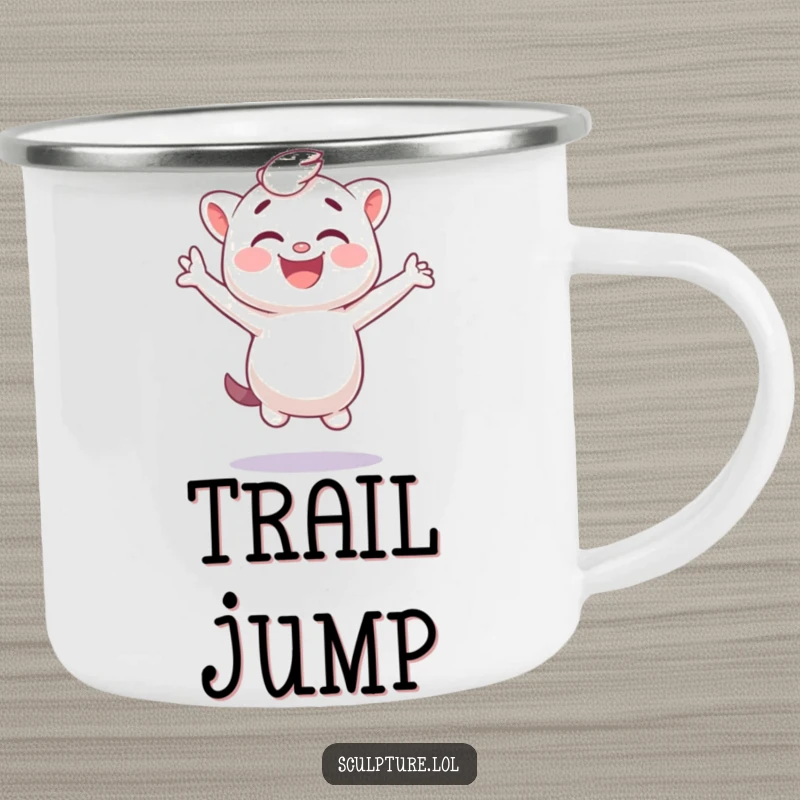 Funny plaster cast camping mug with a giggling character jumping sideways, perfect for outdoor fun.