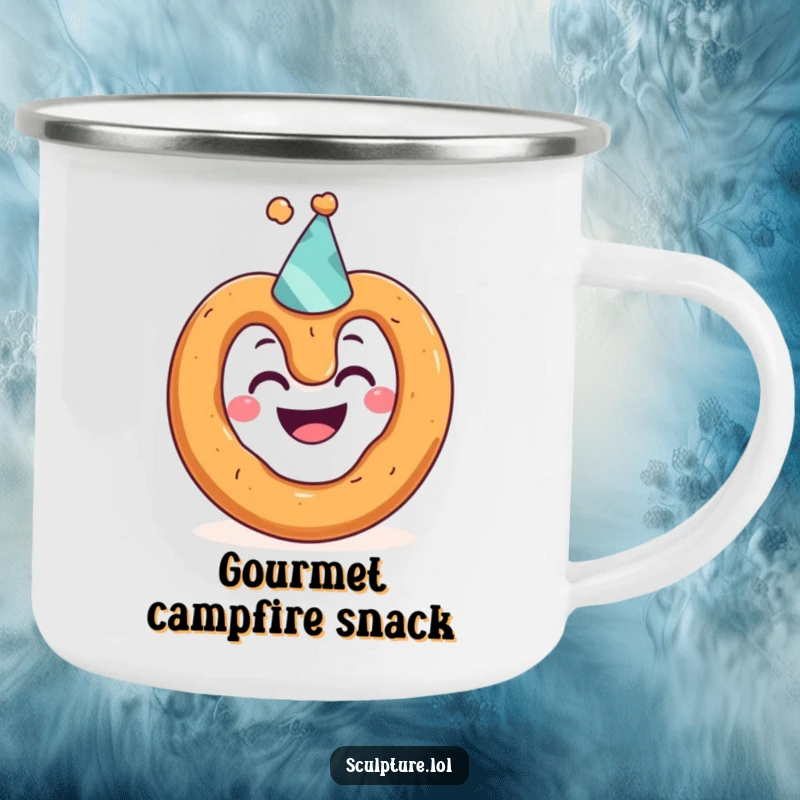 Funny camping mug featuring a grinning pretzel character in a tiny party hat, perfect for outdoor adventures and humorous sipping.