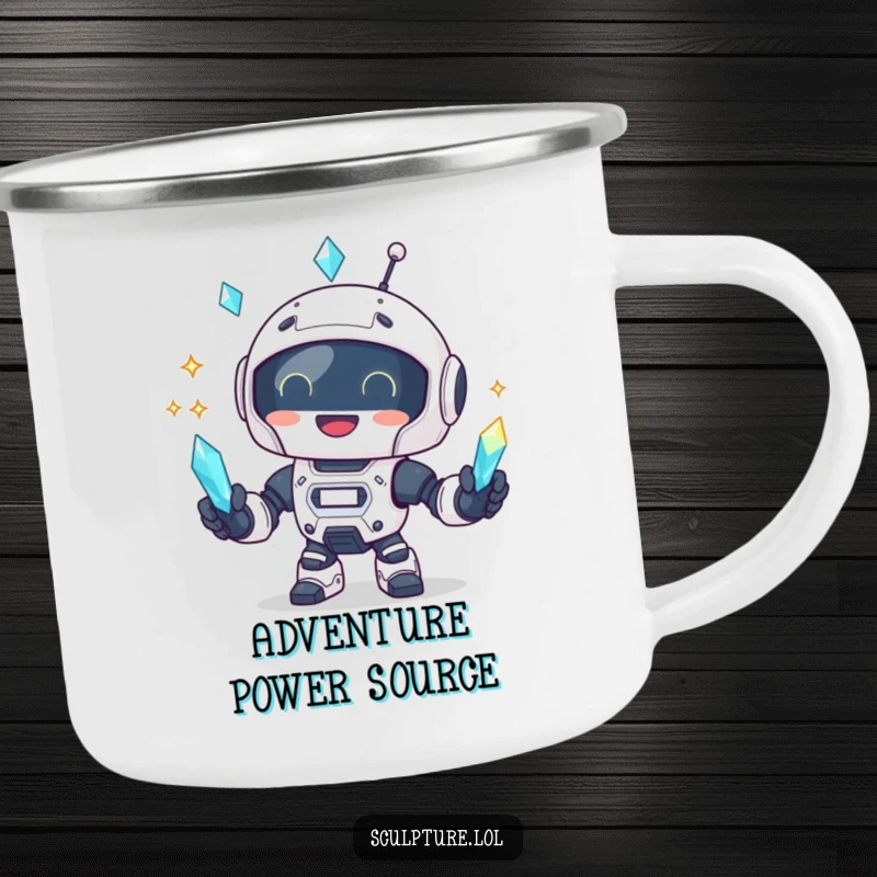 Funny robot juggling crystals on a rugged camping mug, suitable for outdoor use.