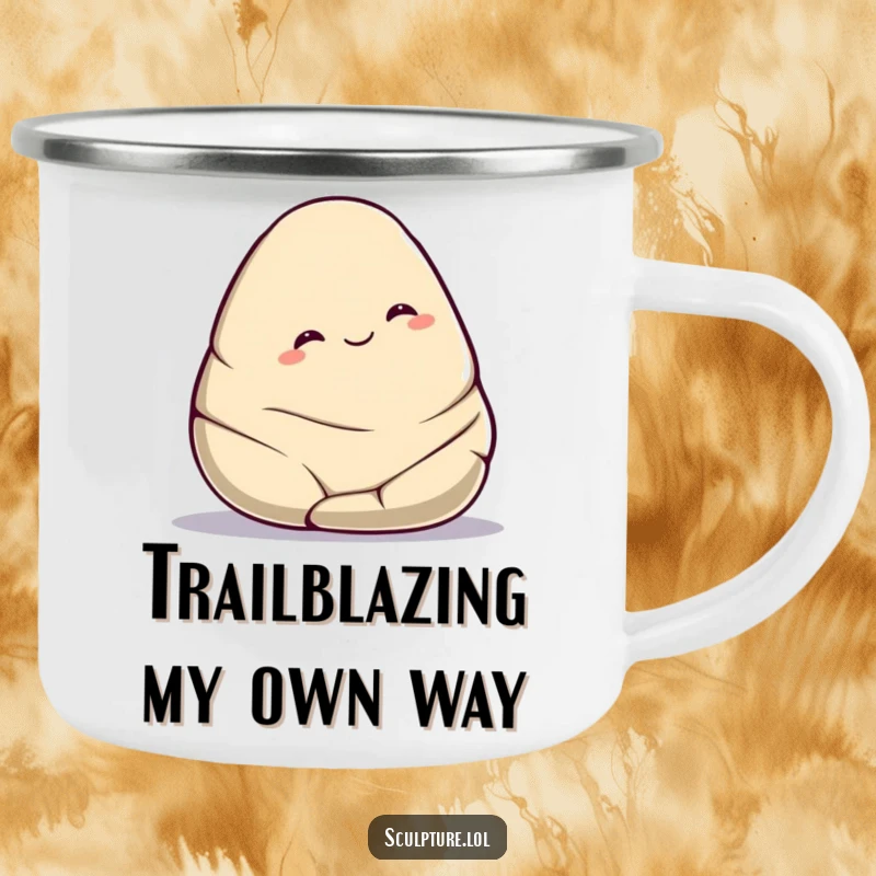 Funny smooth stone camping mug of a cute character gently rolling downhill with a contented smile, perfect for relaxed outdoor moments.