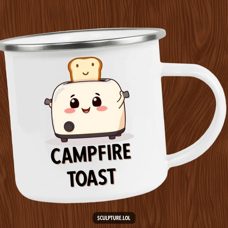 Funny toaster launching toast on a sturdy camping mug, great for outdoor adventures.
