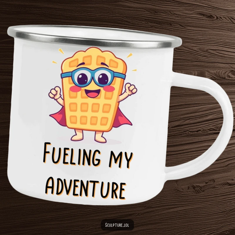 Funny waffle camping mug showing a smiling waffle superhero striking a pose, embodying bravery and outdoor spirit.
