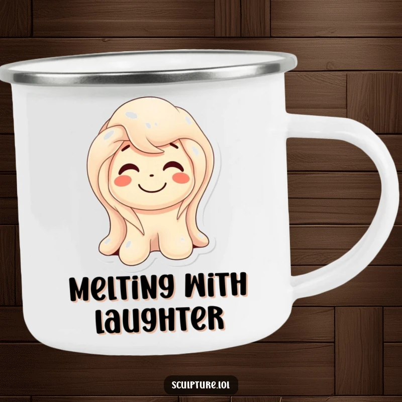 Funny melting wax sculpture camping mug showing a smiling character gently melting, perfect for outdoor adventures and amusement.