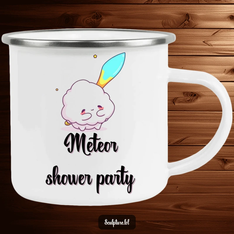 Funny enamel camping mug showing a fluffy cloud character reaching to hug a meteor, perfect for outdoor enjoyment.