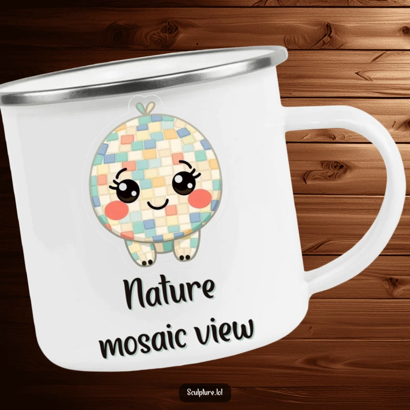 Funny camping mug with a curious mosaic character composed of tiny tiles, its smiling eyes full of wonder, perfect for artistic outdoor trips.