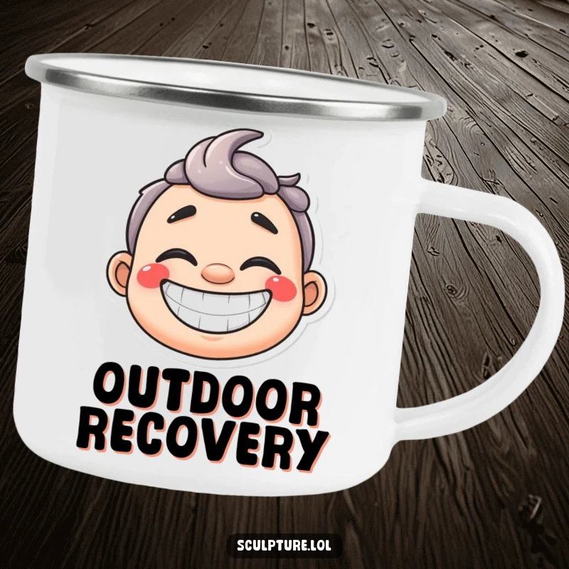 Funny happy plaster cast camping mug with a wide grin, a durable and cheerful vessel for drinks during recovery.