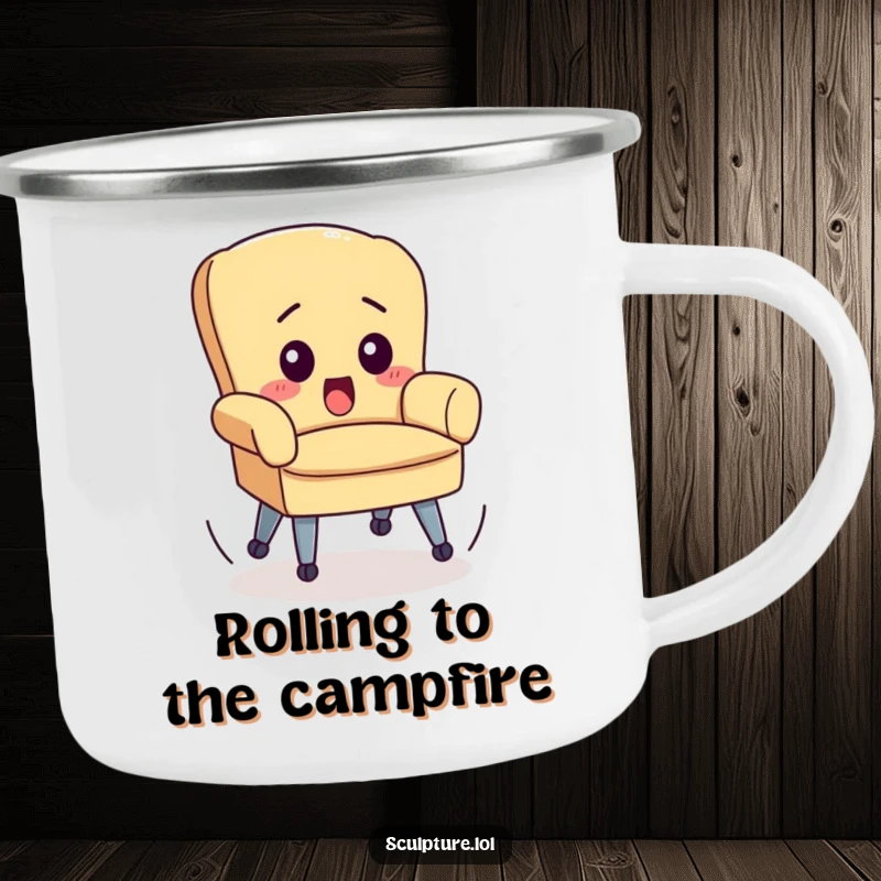 Funny camping mug featuring a small chair with wheels spinning wildly, perfect for outdoor enthusiasts who appreciate humor.