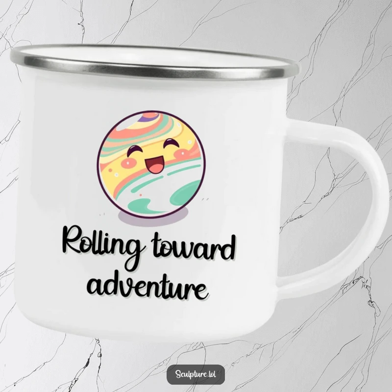 Funny Camping Mug: A happy marble character rolling downhill for outdoor playful moments.
