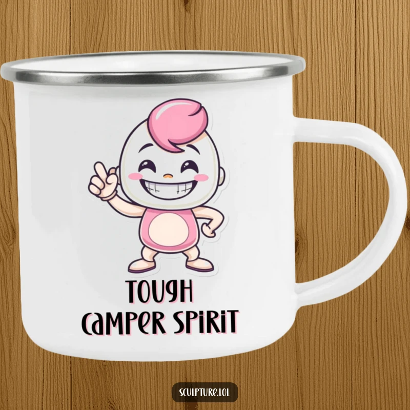 Funny metal casting camping mug of a grinning character striking a proud pose, perfect for enjoying outdoors with humorous strength.