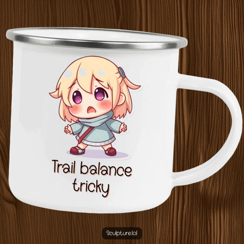 Funny camping mug featuring a surprised resin character hilariously losing its balance, perfect for humorous outdoor adventures.