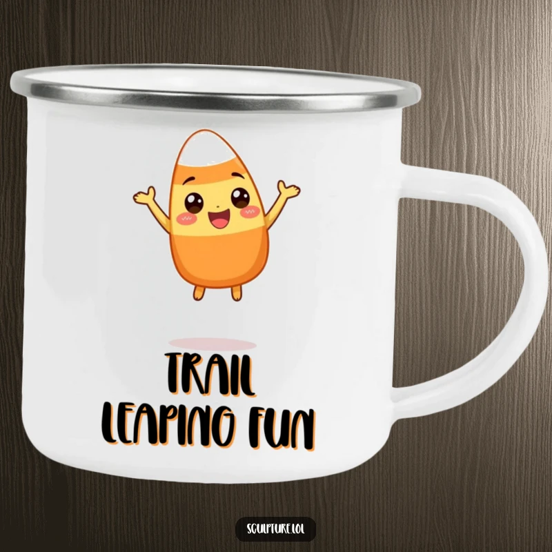 Funny camping mug with a happy candy corn character performing a silly leap, built for outdoor fun and infused with Halloween humor.