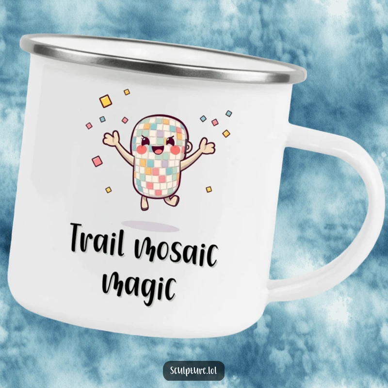 Funny Camping Mug showcasing a mosaic tile character juggling small pieces, perfect for outdoor use with a splash of artistic humor.