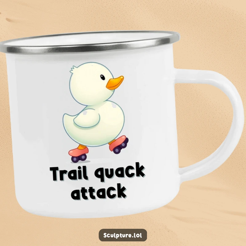 Funny bouncing rubber ducky wearing tiny roller skates on a sturdy camping mug.